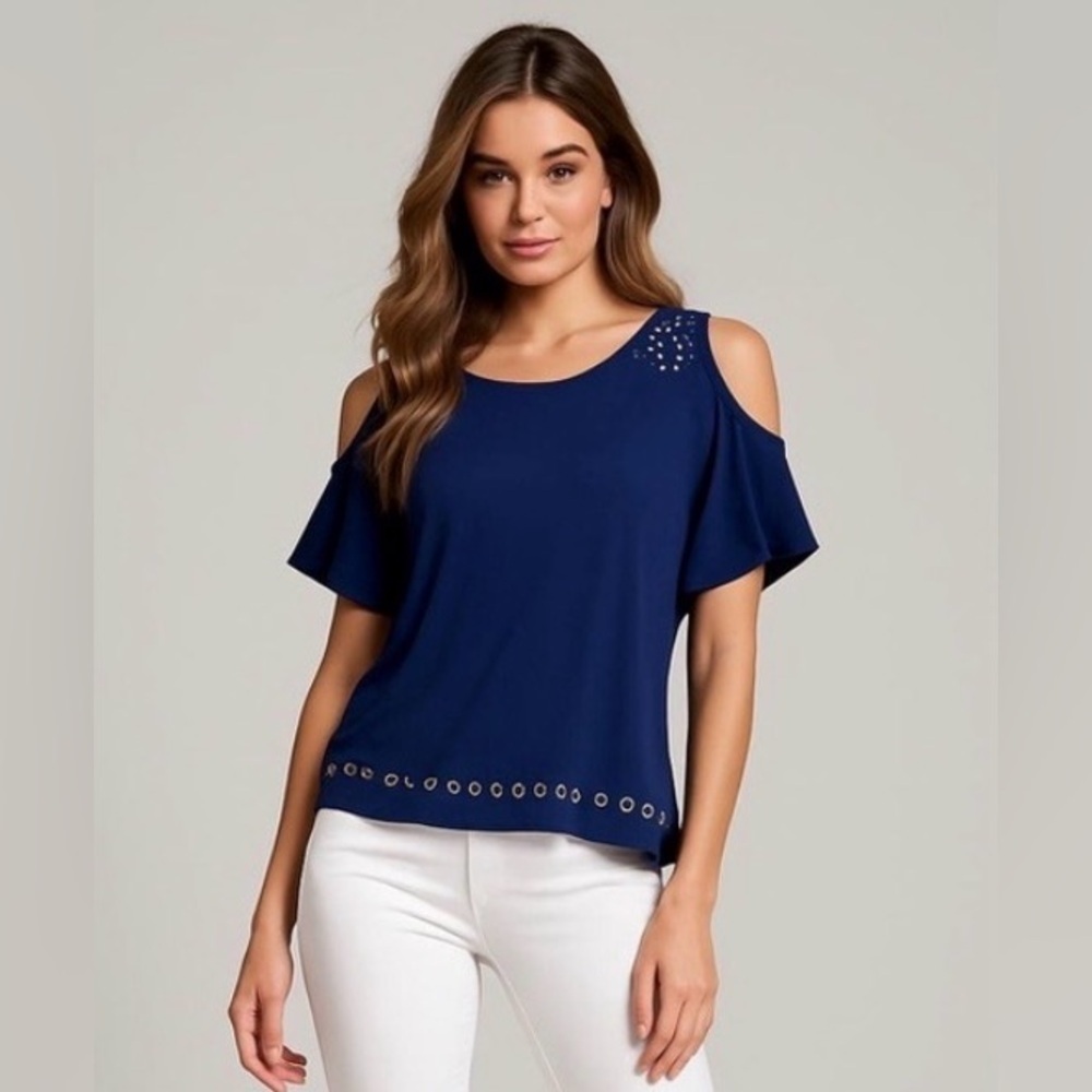 belldini Cold Shoulder Butterfly Sleeve Top, Gold Grommet, Navy Blue, Size S